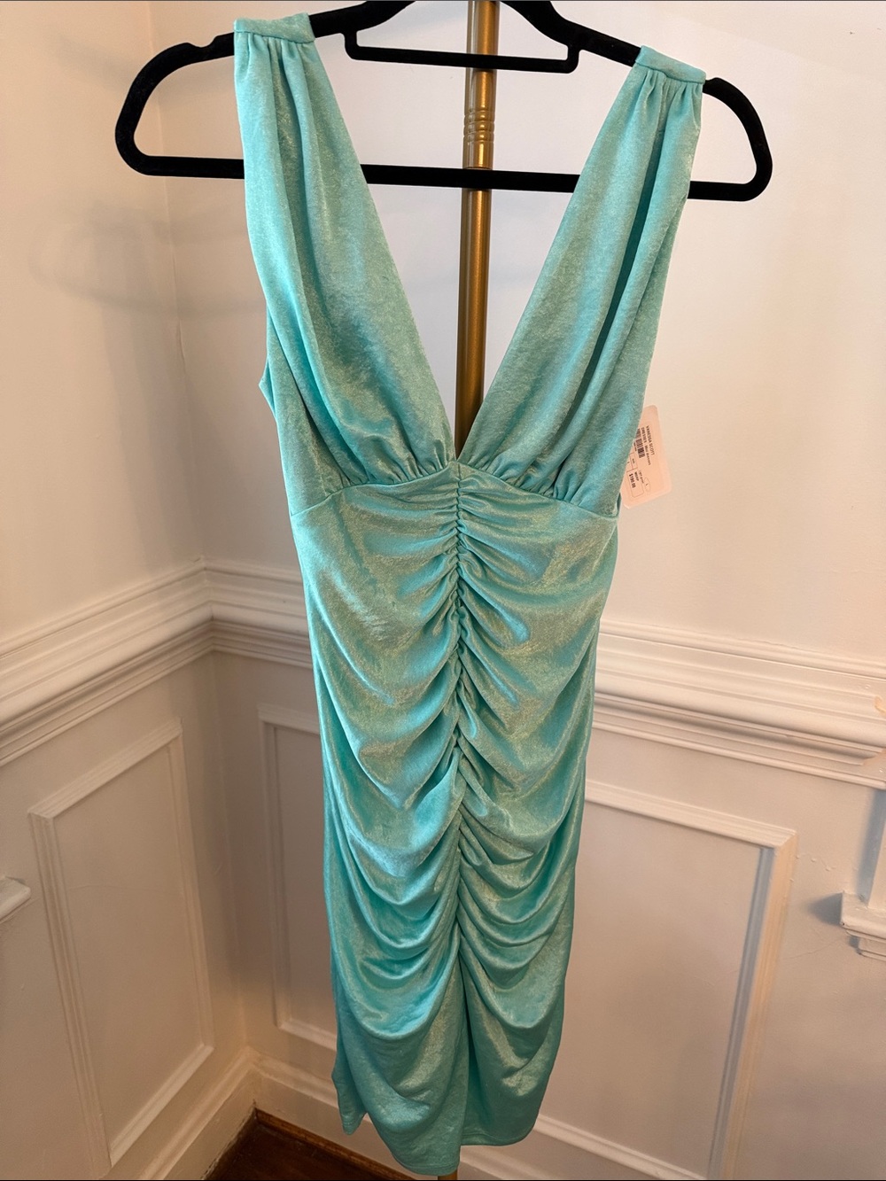 Shimmery Aqua V-Neck Ruched Dress